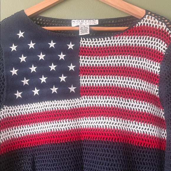 VTG 90s Y2K Norton Mcnaughton Patriotic American Flag Navy Crochet Sweater Sz S - Picture 2 of 4